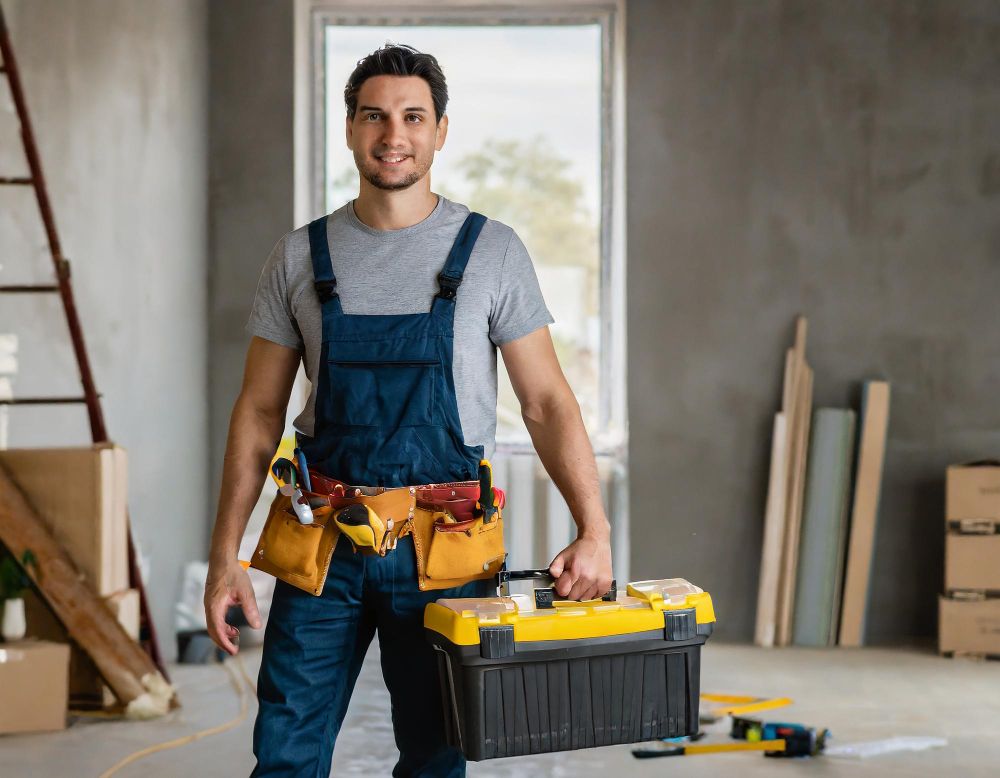 Handyman with his toolbox and tool belt