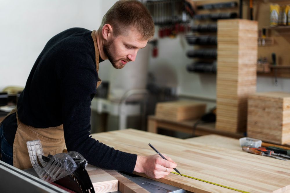 Carpenter measuring timber